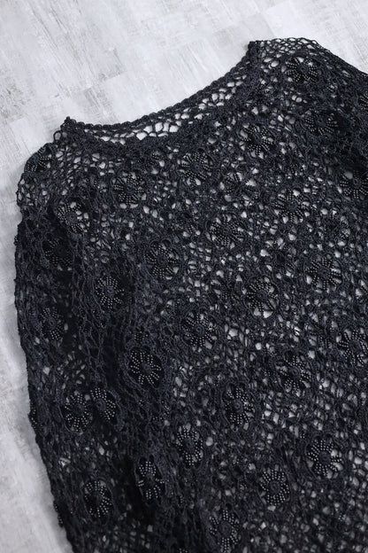 flower design lace L/S tops black