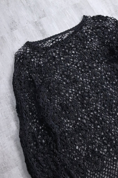flower design lace L/S tops black