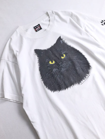 90s Fruit of the room cat print tee white-black