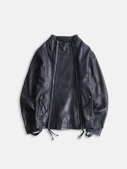 twin zipper collarless leather jackket black