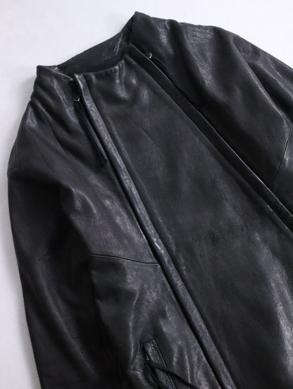 twin zipper collarless leather jackket black