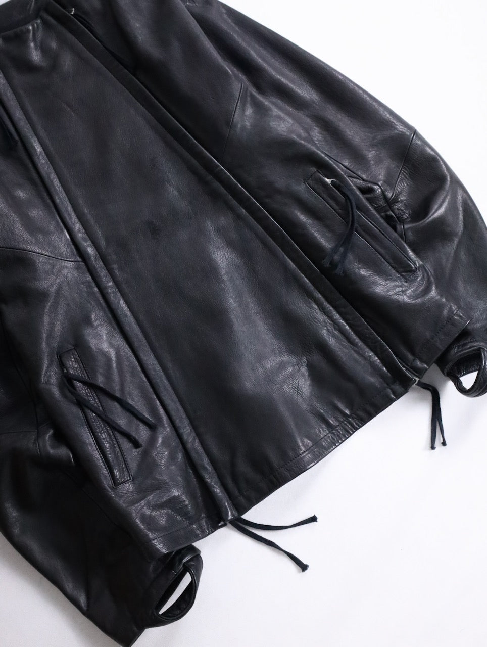 twin zipper collarless leather jackket black