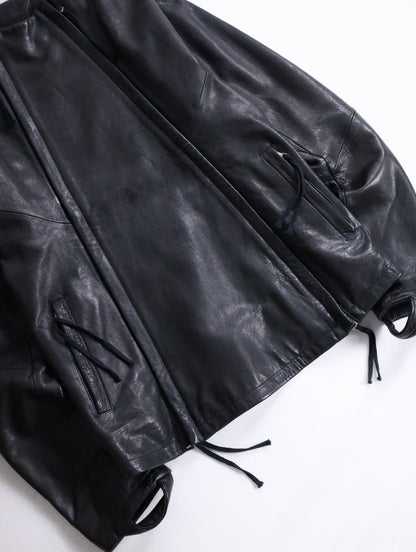 twin zipper collarless leather jackket black