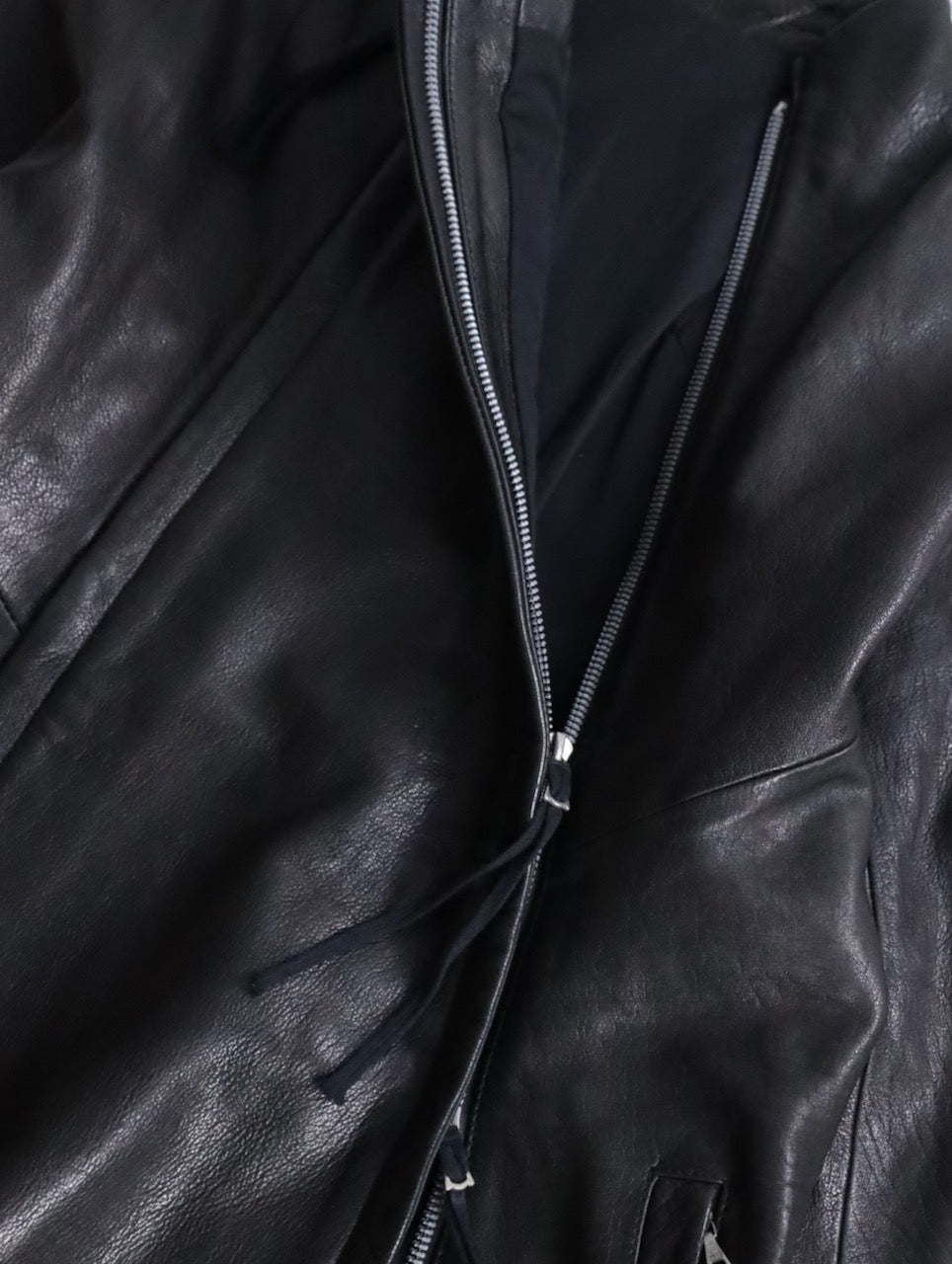 twin zipper collarless leather jackket black