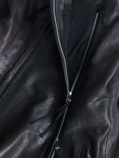 twin zipper collarless leather jackket black
