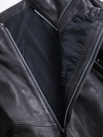 twin zipper collarless leather jackket black