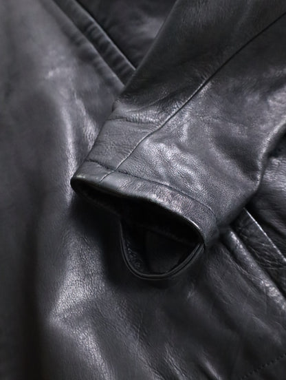 twin zipper collarless leather jackket black