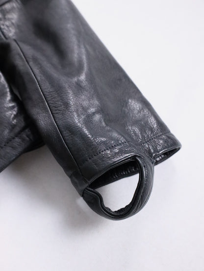 twin zipper collarless leather jackket black