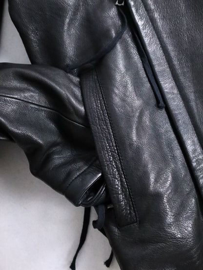 twin zipper collarless leather jackket black