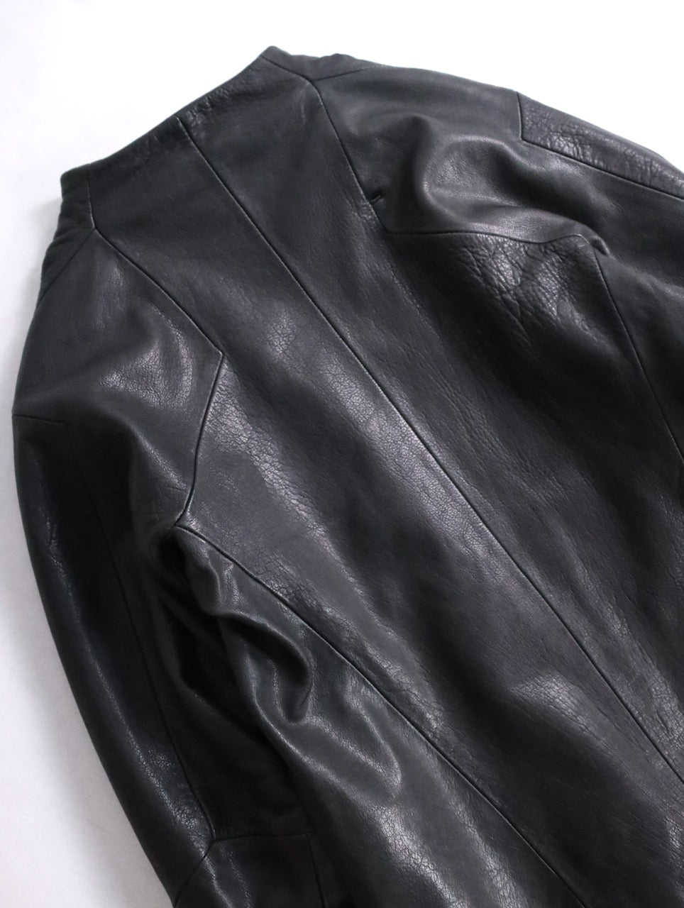 twin zipper collarless leather jackket black