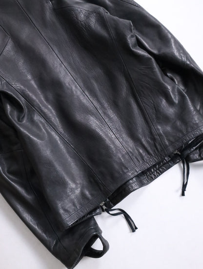 twin zipper collarless leather jackket black