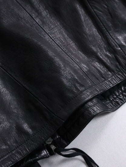 twin zipper collarless leather jackket black