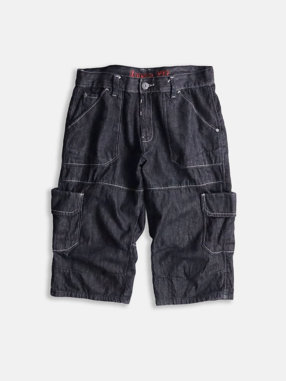 three-quarter length cargo denim pants black