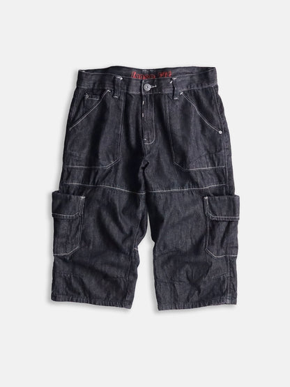 three-quarter length cargo denim pants black