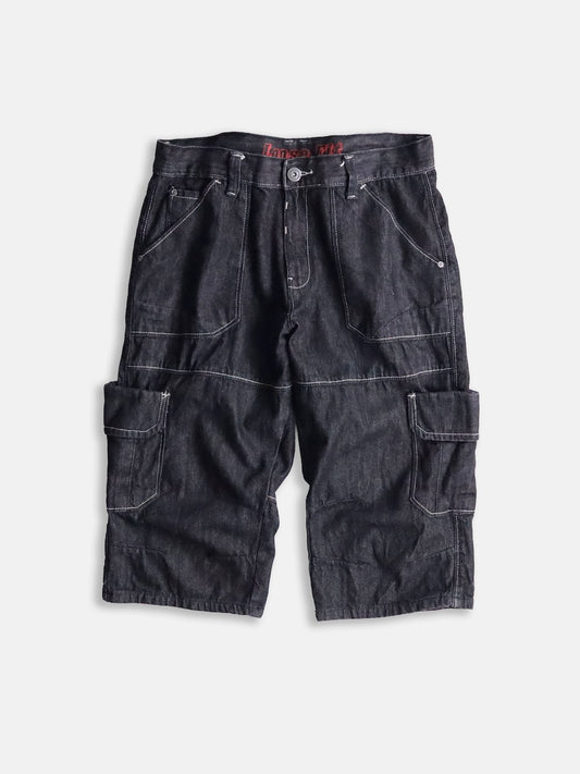 three-quarter length cargo denim pants black