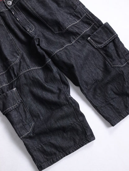 three-quarter length cargo denim pants black