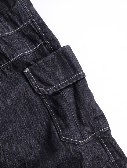 three-quarter length cargo denim pants black