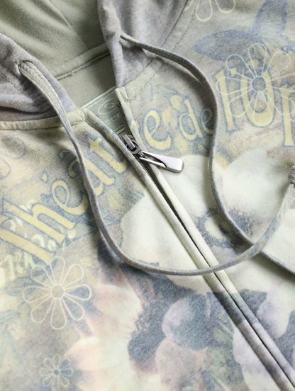 flower pattern zip hoodie beige