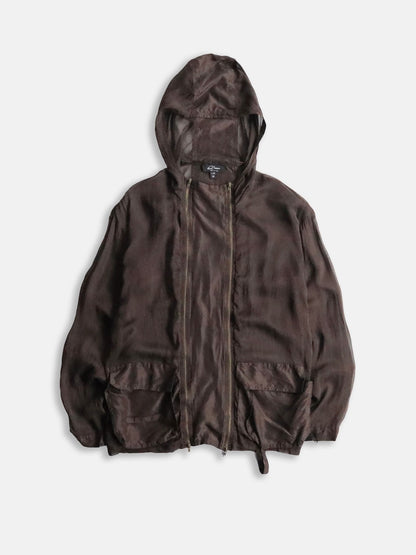 sheer hooded double brested zip jacket brown