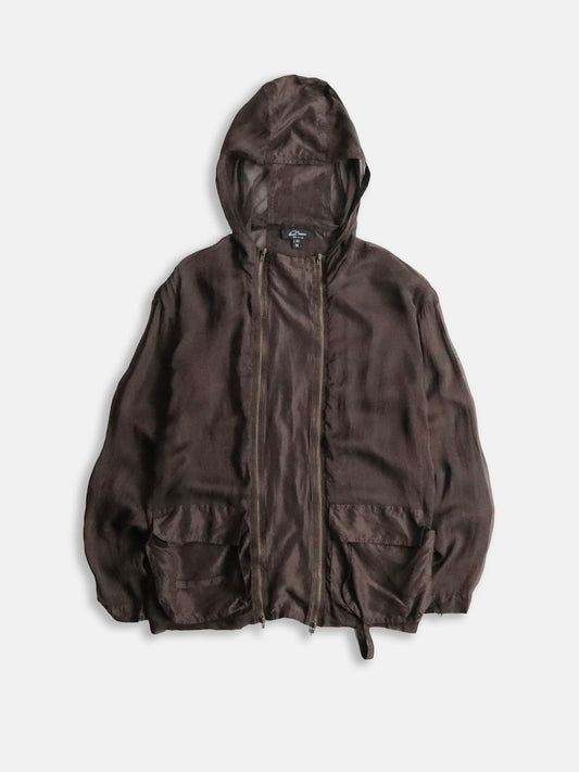 sheer hooded double brested zip jacket brown