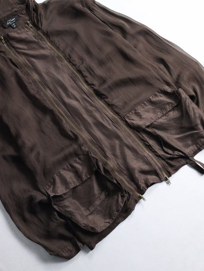 sheer hooded double brested zip jacket brown