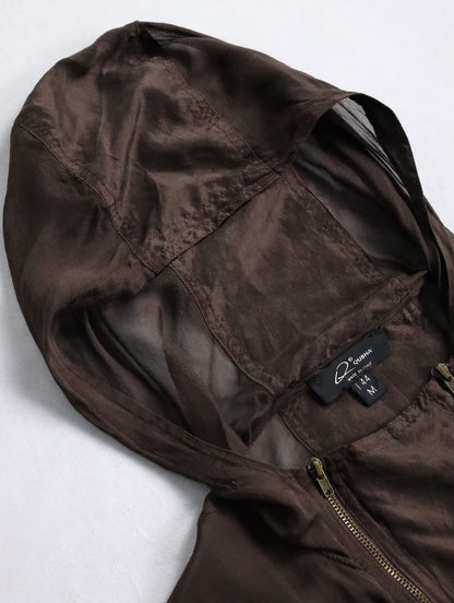 sheer hooded double brested zip jacket brown