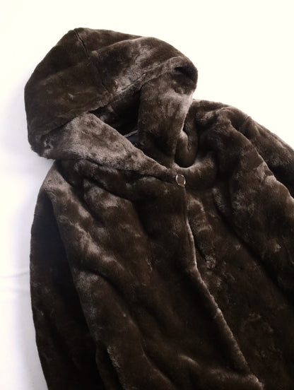 fake fur hooded long coat brown