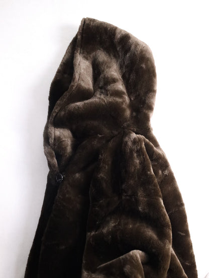 fake fur hooded long coat brown