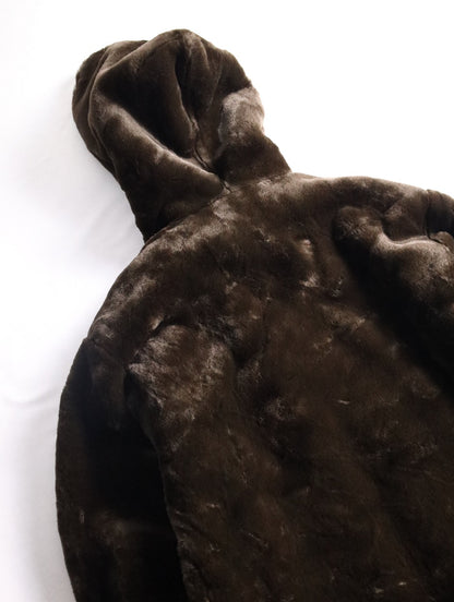 fake fur hooded long coat brown