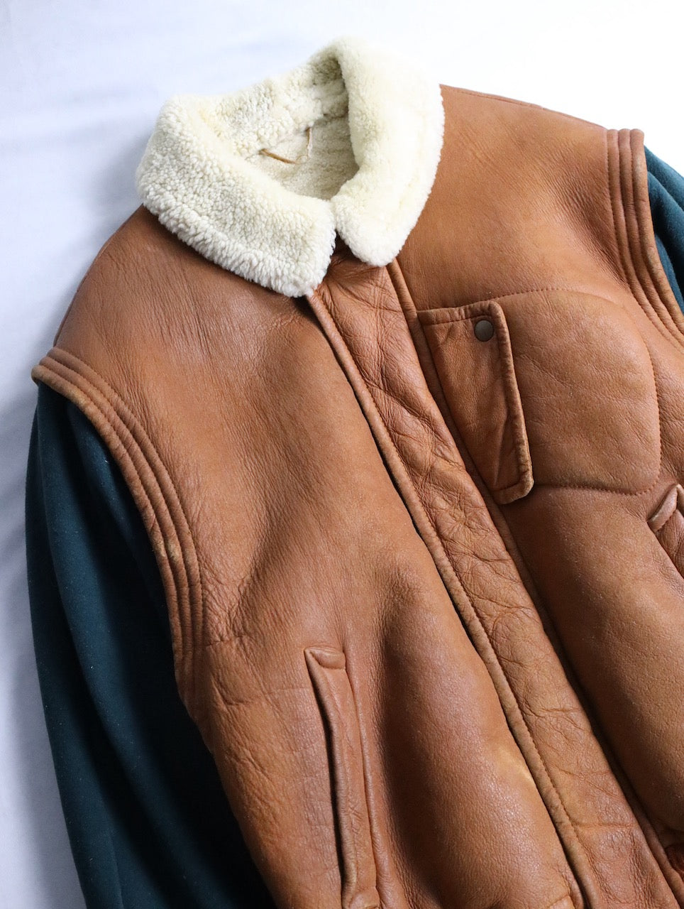 wool swiching real muton jacket brown-green