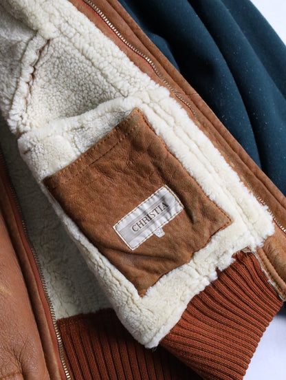 wool swiching real muton jacket brown-green