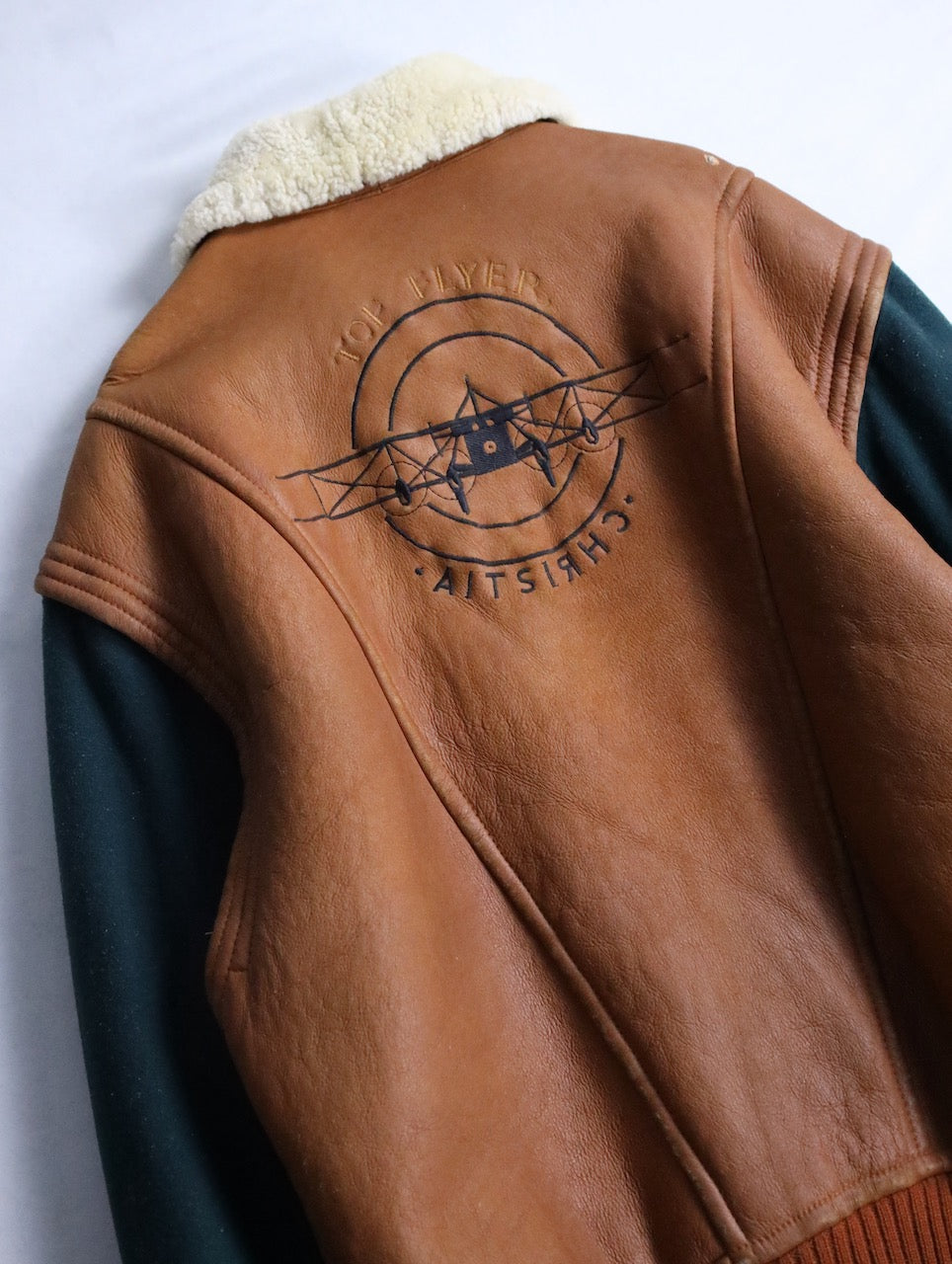 wool swiching real muton jacket brown-green