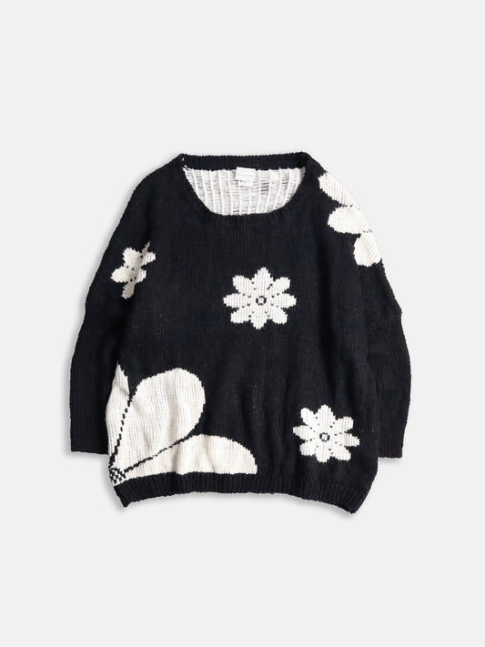 90s DRIES VAN NOTEN flower knit sweater black-white