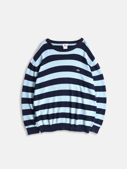 LACOSTE cotton border knit sweater lightblue-black