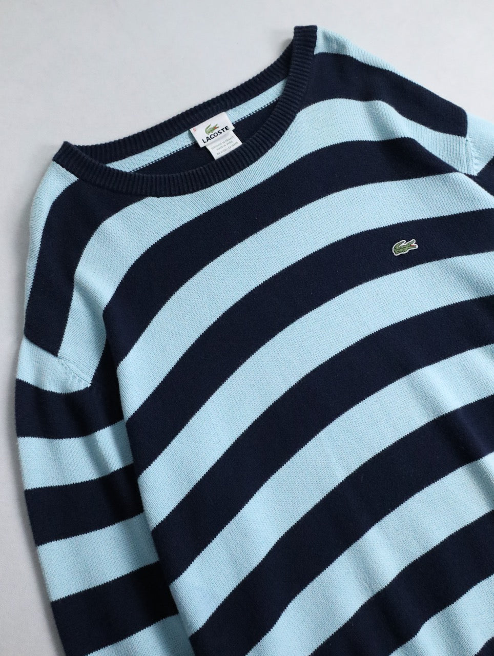LACOSTE cotton border knit sweater lightblue-black