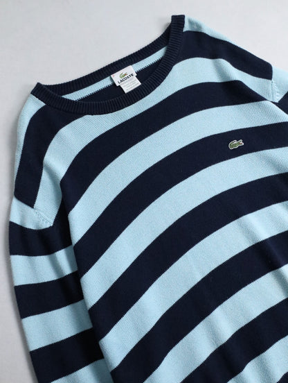 LACOSTE cotton border knit sweater lightblue-black