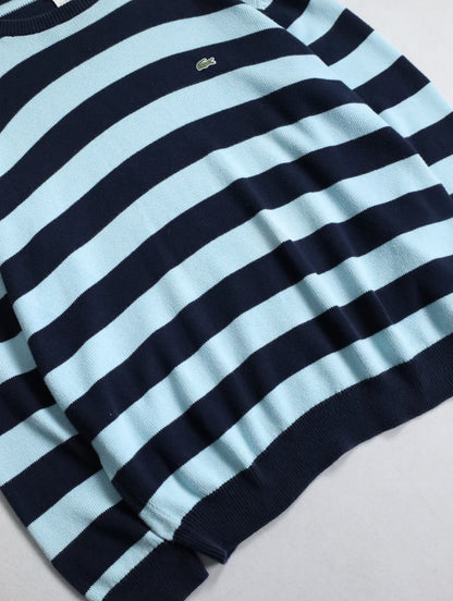 LACOSTE cotton border knit sweater lightblue-black