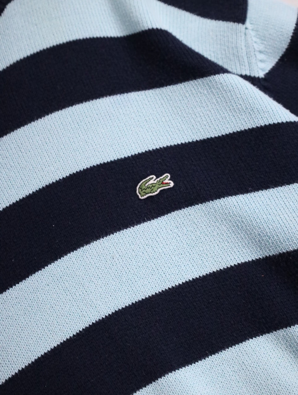 LACOSTE cotton border knit sweater lightblue-black