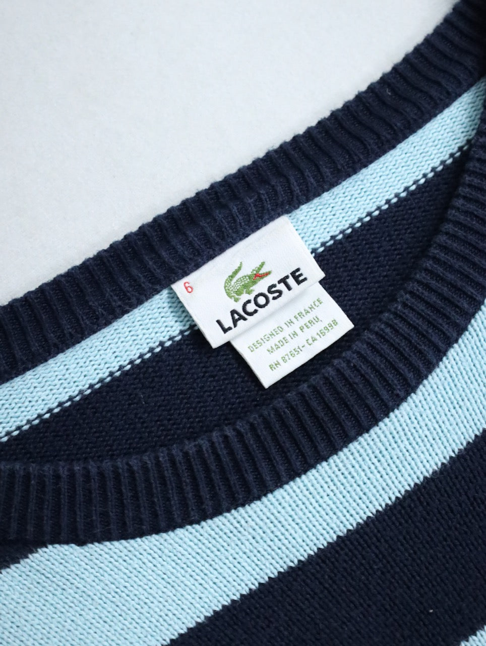 LACOSTE cotton border knit sweater lightblue-black