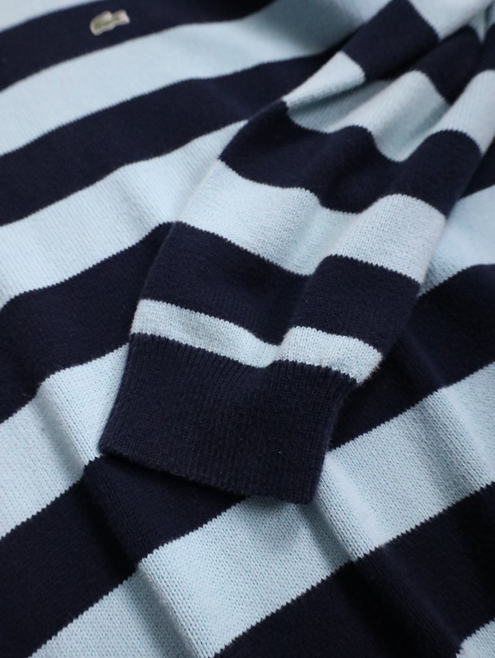 LACOSTE cotton border knit sweater lightblue-black