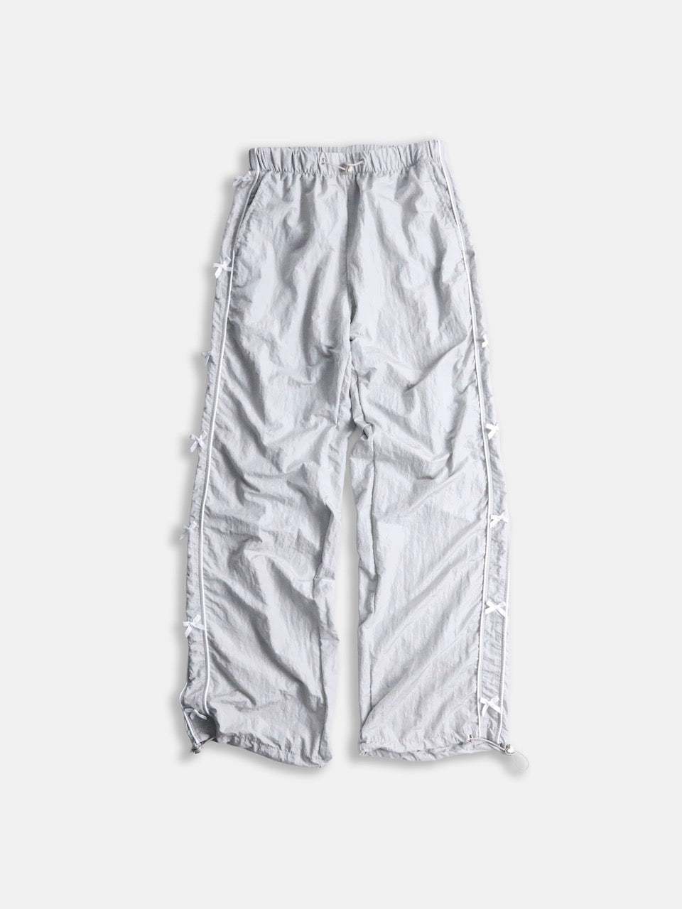 ribbon design wrinkle nylon easy pants lightgray-white