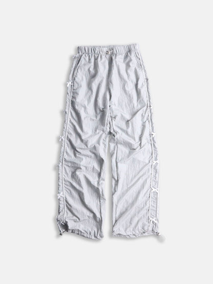 ribbon design wrinkle nylon easy pants lightgray-white