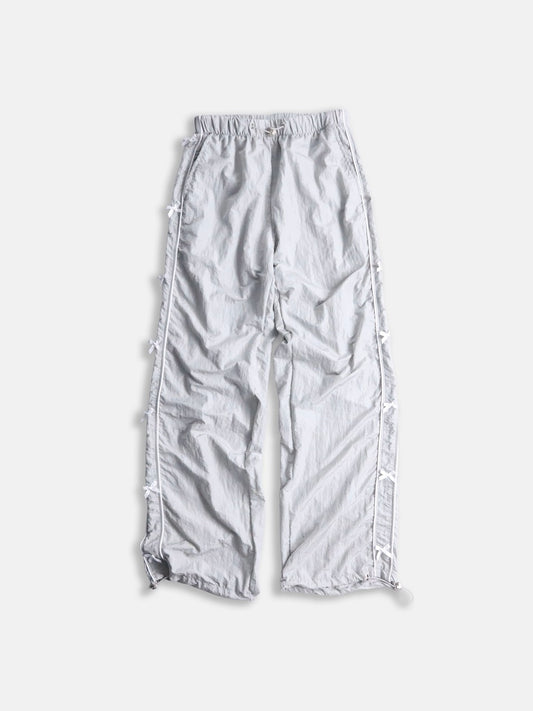 ribbon design wrinkle nylon easy pants lightgray-white
