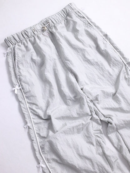 ribbon design wrinkle nylon easy pants lightgray-white