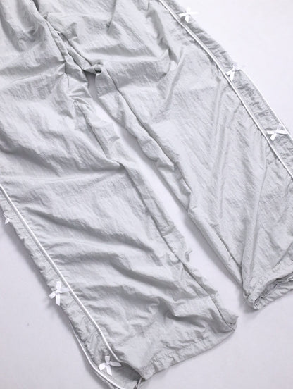 ribbon design wrinkle nylon easy pants lightgray-white