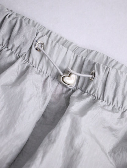 ribbon design wrinkle nylon easy pants lightgray-white
