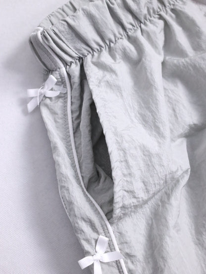 ribbon design wrinkle nylon easy pants lightgray-white