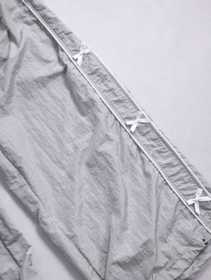 ribbon design wrinkle nylon easy pants lightgray-white