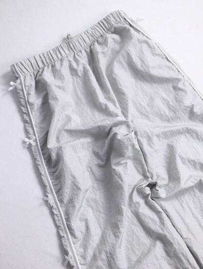 ribbon design wrinkle nylon easy pants lightgray-white