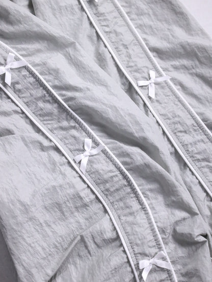 ribbon design wrinkle nylon easy pants lightgray-white